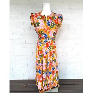 Karlie Colorful Tropical Leaf Dress Smocked Waist Flutter Sleeve Boho Resort L